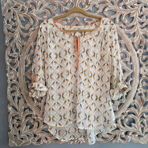 Anthropologie Daniel Rainn Semi sheer Chiffon Bird novelty print BLOUSE TOP 1x